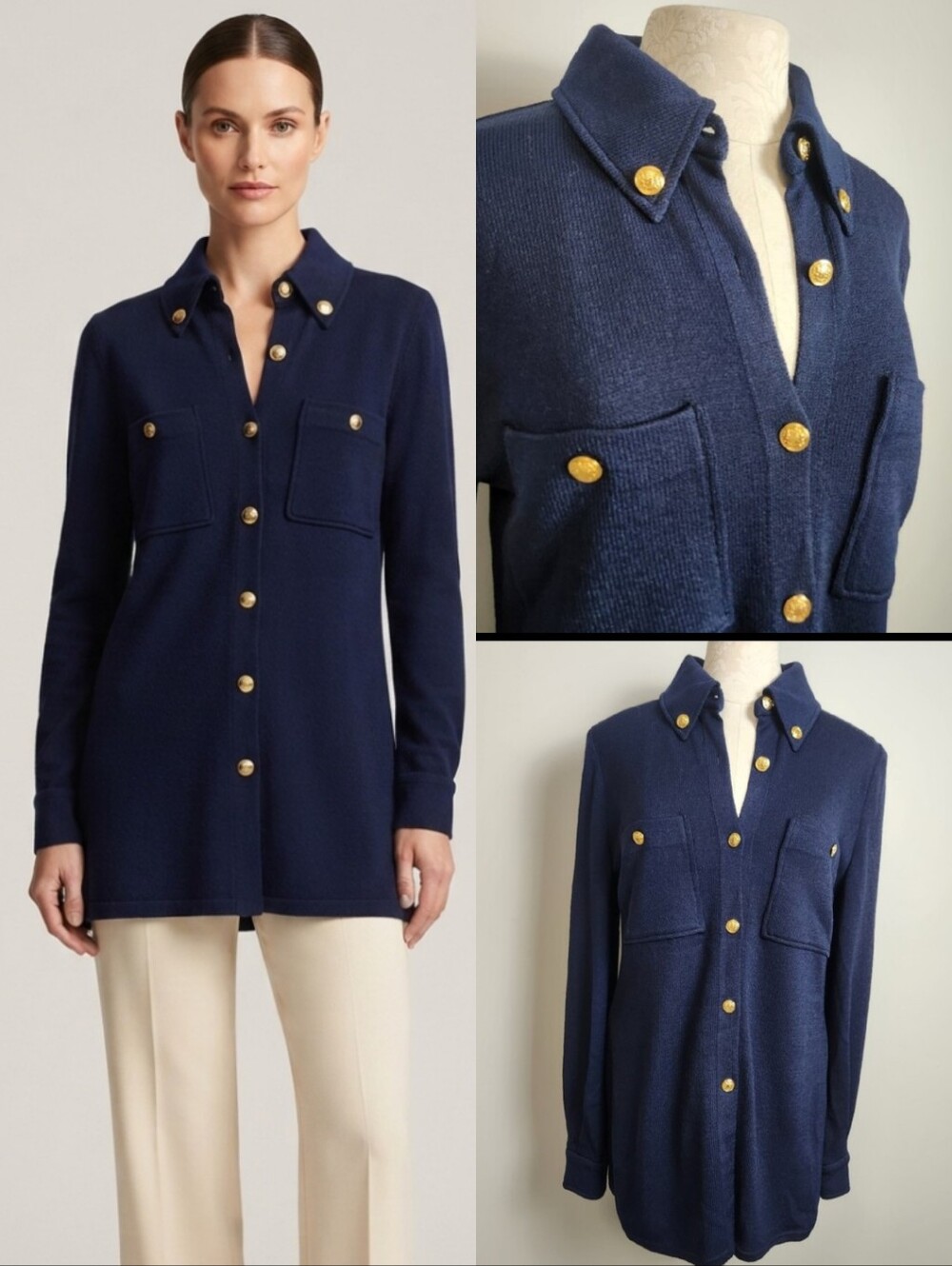 VTG St John Marie Gray Santana Knit Long Sleeve Shirt Tunic Sz M Navy Gold Prep